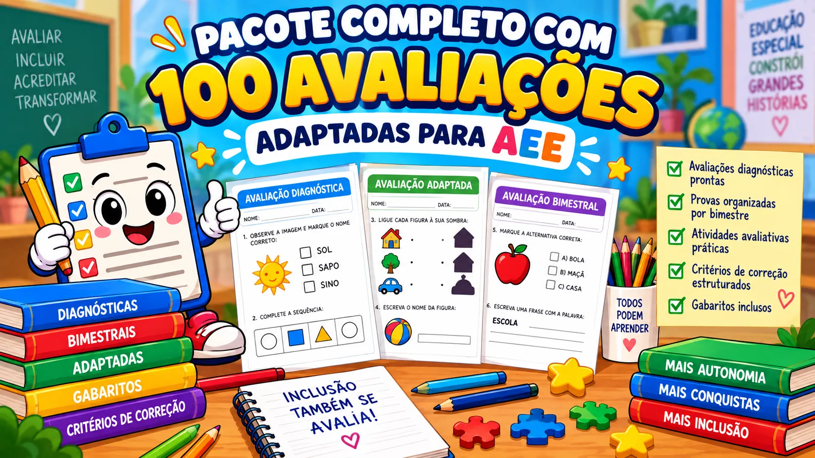 Pacote Completo com 100 Avaliações Adaptadas para AEE